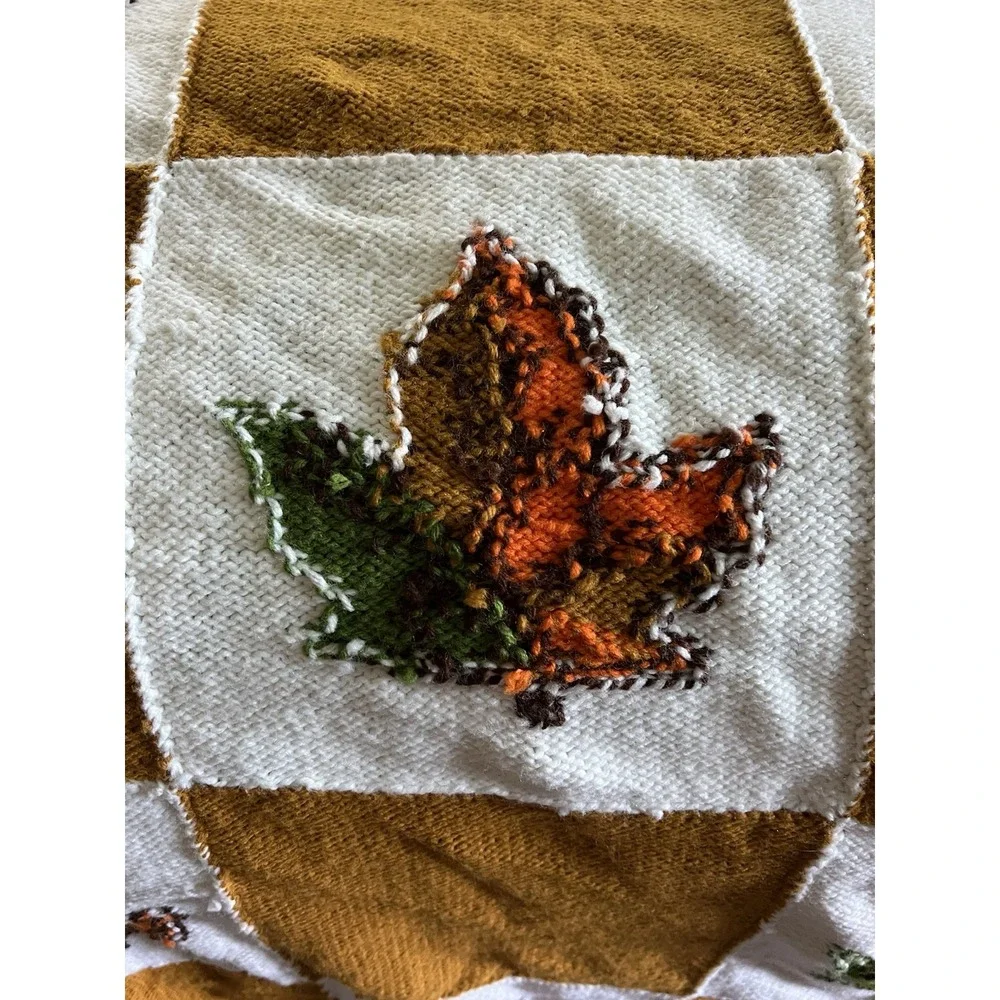 Hand-made Vintage Knitted Fall Colors Maple Leaf  Afghan Throw 65